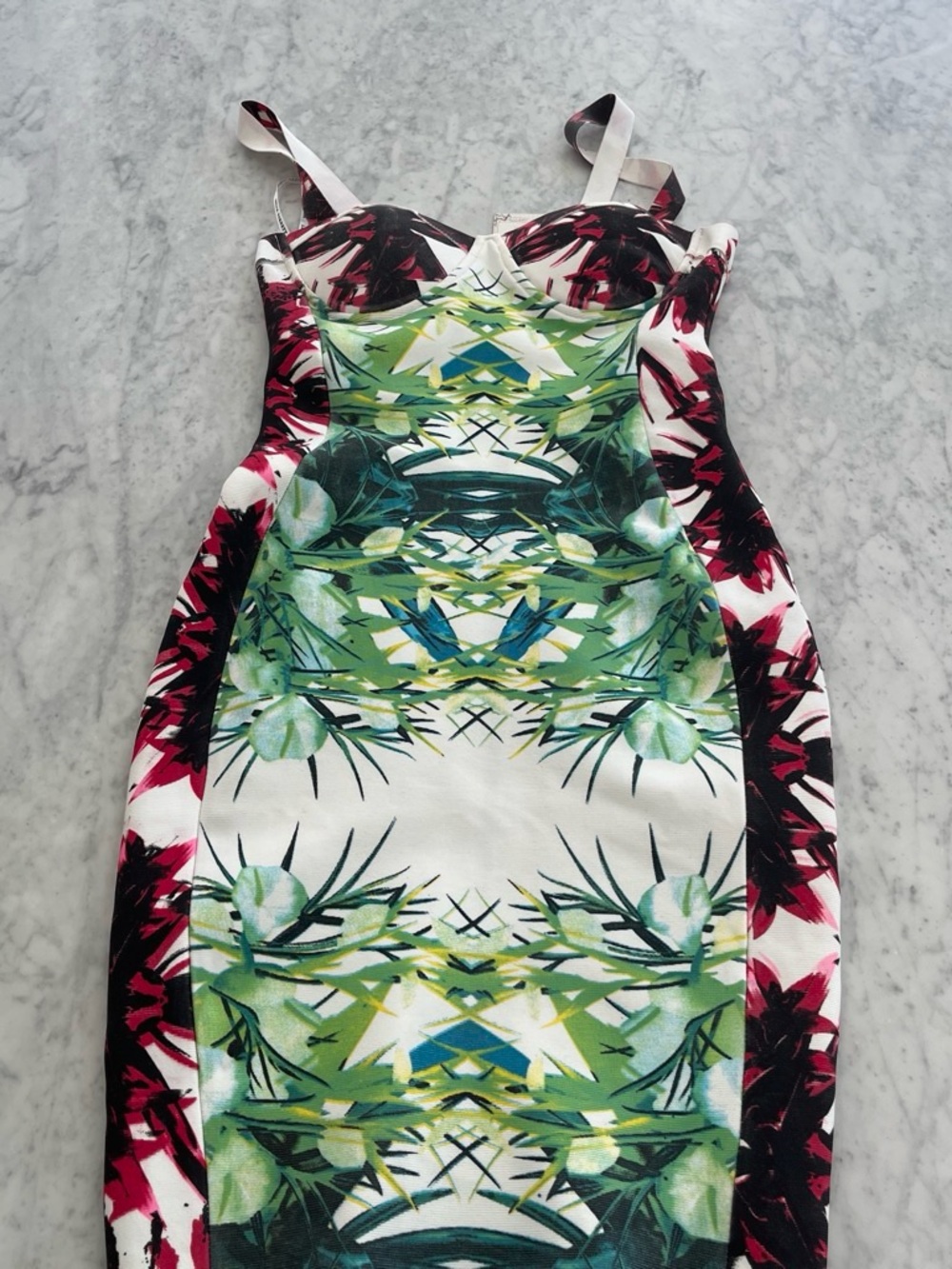Bella Barnett  Floral Mirror-Print Bodycon Dress in Green and Pink